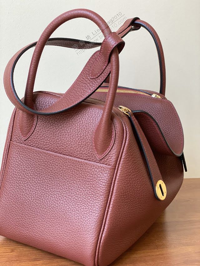 Hermes女包 愛馬仕lindy togo皮 金扣 銀扣 Hermes手提肩背包 酒紅  am1953
